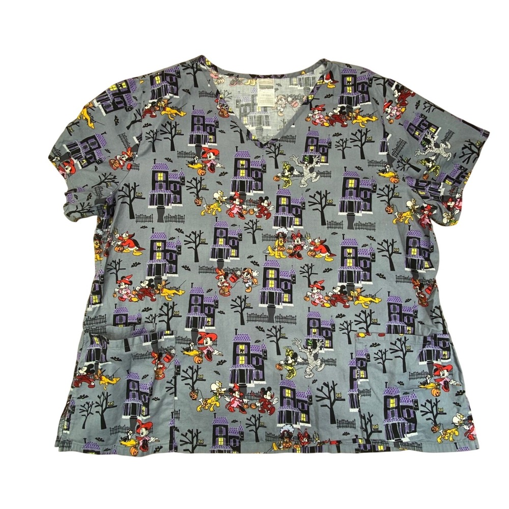 Disney Halloween Scrub Top Womens 2X Mickey Minnie Haunted House Nurse‎ Shirt